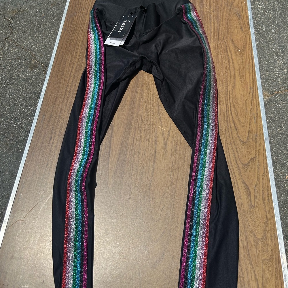 Terez legging with shimmer metallic rainbow stripes